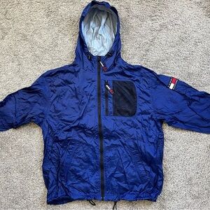 🔴Tommy Hilfiger Jacket Size Medium Windbreaker Hood Blue Flag